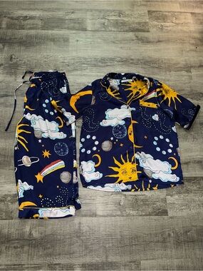 Their Nibs Navy Disco Space Galaxy Celestial Stars Pajama Set Size M EUC Satin